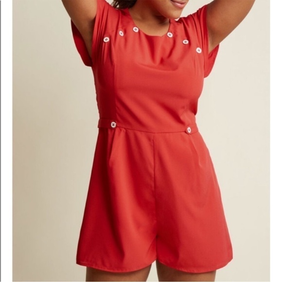 Modcloth Nostalgic Discovery Romper Red Short Sleeve Shorts Nautical Sailor 3x - Picture 8 of 8